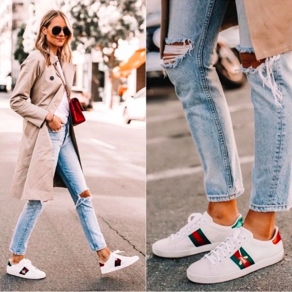 Gucci Ace Bee Embroidered Sneakers White leather Web Stripe Size EU 39.5 US 9.5